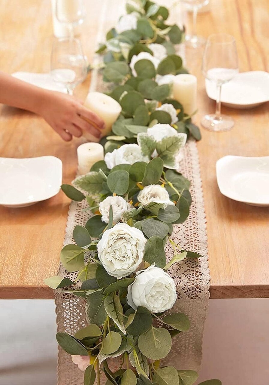 2pcs Artificial Flowers Garland Spring Eucalyptus Garland Vintage Fake Flower Peony Rose Vine Greenery Decorative Wall Hanging Plant for Wedding Arch Door Arrangement Party Decor (White,2pcs)